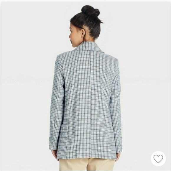 A New Day Oversized Plaid One Button Blazer Size L Pocket Blue Gray Academia NEW - Picture 2 of 15